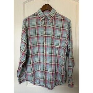 Brooks Bothers Mens Shirt Medium Button 100% Irish Linen Madras Plaid Resort